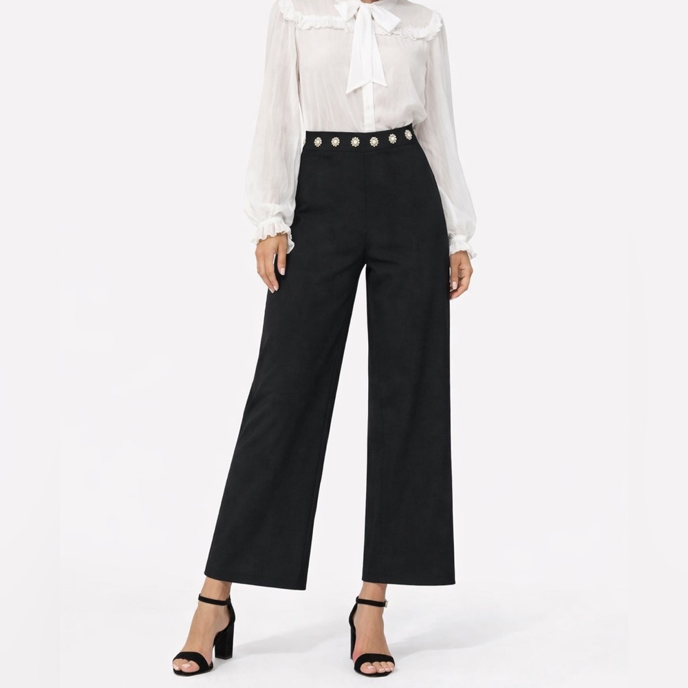 Black High Waisted Wide Leg Pants Pearl Button Waist Dressy Work Trousers